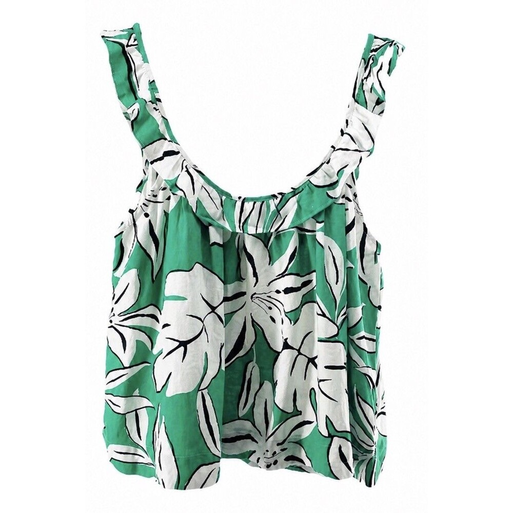 EVERY Women’s M Tropical Green Floral Linen Blend Ruffle Tank Blouse Vacation